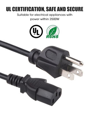 کابل برق UL آمریکایی، 3 پین NEMA 5-15P پلاگین به IE320 C13 US نوع کابل برق
